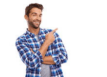 a man in a blue plaid shirt is pointing to the side