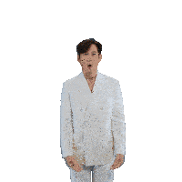 a man in a white suit has his arms outstretched in the air