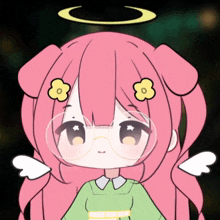 a drawing of a girl with pink hair and a yellow flower on her head
