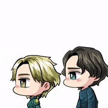 a cartoon drawing of two men shaking hands and looking at each other