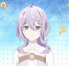 a girl with purple hair is wearing a white top