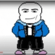 a pixel art drawing of sans from undertale wearing a blue hoodie and black shorts .