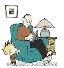 a cartoon of a man reading a book to a little boy