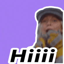 a purple background with a sticker of a woman with the word hiiiiii on it