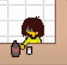 a pixel art of a person holding a bottle of lotion .