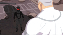 a man in a white shirt stands next to a black superhero with red eyes