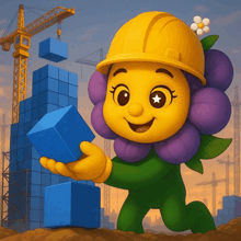 a cartoon flower wearing a hard hat and holding a blue cube