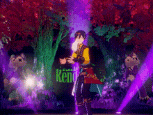 a man in a red coat is dancing in a forest with two husky dogs .