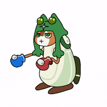 a cartoon character wearing a frog hat and boxing gloves is holding a boxing glove .