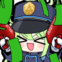 a cartoon of a police officer holding a red money gun