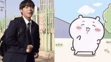 a man wearing a suit and tie is next to a cartoon bear