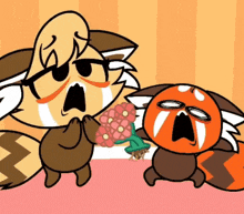 a cartoon of a raccoon holding a bouquet of pink flowers