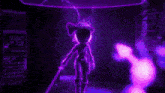 a cartoon character is standing in front of a purple screen holding a sword .