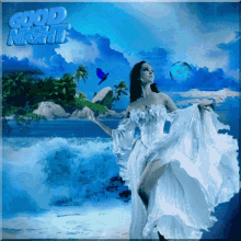 a woman in a white dress is dancing on a beach with the words good night written above her