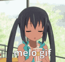 a girl with pigtails is holding a cup of popcorn and says melogif