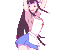 a girl with long black hair is dancing with her arms up