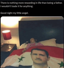 a little girl is sleeping on a bed with a man on it
