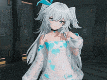a girl with white hair and blue eyes is standing in front of a wall with the number 05 on it