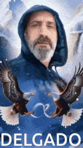 a man in a hooded sweatshirt with two bald eagles behind him