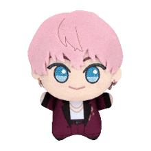 a stuffed toy of a boy with pink hair and blue eyes .