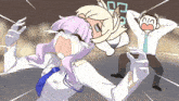 a cartoon drawing of a man and a woman with a purple haired girl screaming