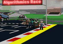 a group of people are standing on a race track under a sign that says algorithmics race