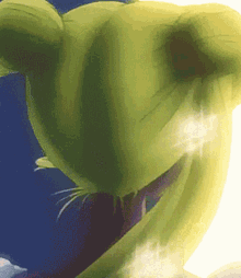 a close up of a green frog with a blue sky in the background
