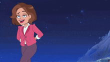 a cartoon woman in a pink jacket and pants stands in front of a blue sky