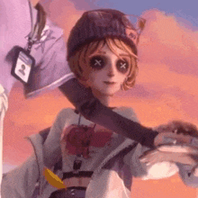 a cartoon girl with glasses and a hat is holding a sword and a badge .