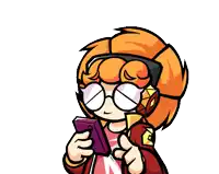 a cartoon character wearing glasses is holding a purple cell phone
