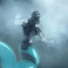 a man with a long snake tail is standing in the fog