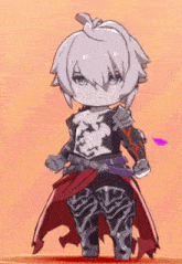 a cartoon character with white hair and purple eyes is wearing armor and a red cape .