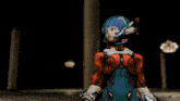 a girl with blue hair and a helmet on her head