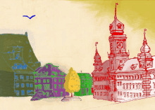 a drawing of a clock tower with a blue bird flying in the sky