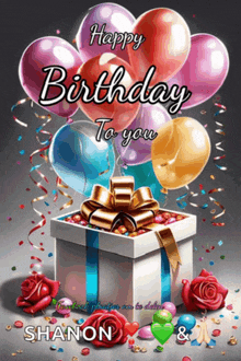 a birthday card with balloons and a gift box with the name shanon on it