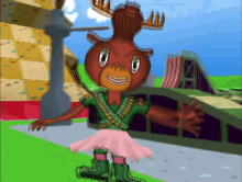 a moose wearing a pink skirt and roller skates