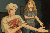 a boy and a girl are standing next to each other and the girl is wearing a shirt that says sanserved
