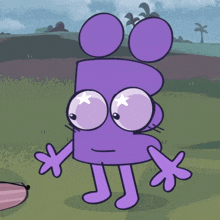 a cartoon drawing of a purple cartoon character with a star in his eyes