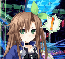 a girl with a green leaf on her head has an exclamation point above her