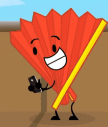 a cartoon drawing of a red fan holding a cellphone
