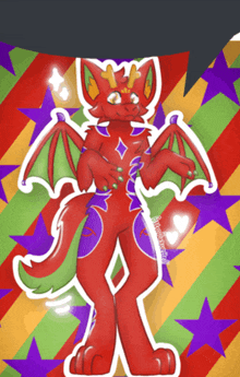 a colorful drawing of a red dragon with wings and a green tail
