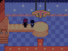 a pixel art drawing of a man standing on a podium with a letter in front of him