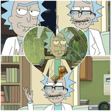 a collage of rick from rick and morty with a heart in the center