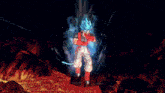 a cartoon character with blue hair and red pants is standing in a dark room
