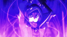 a purple background with a person in a hood surrounded by purple lights