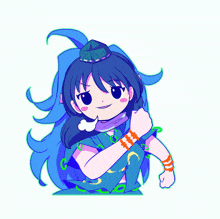 a drawing of a girl with blue hair and a hat