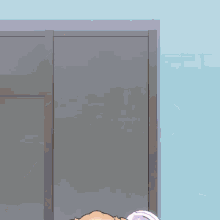 a cartoon character is standing in front of a door with a hamburger on her head .