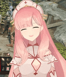 a girl with pink hair and a white hat with a cross on it is smiling