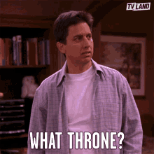a man in a plaid shirt says what throne in front of a bookshelf