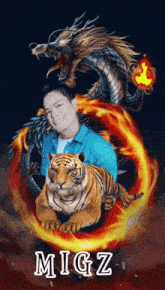 a picture of a man sitting on a tiger with the name migz on the bottom